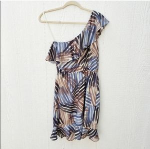 NWT Banana Republic One Shoulder Ruffled Hem Abstract Print Dress Size 6 Blue